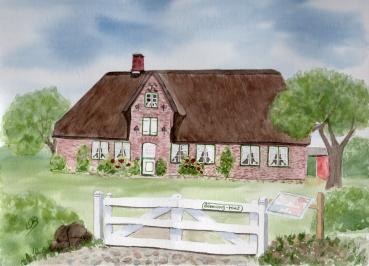 Postkarte DIN-A5 Aquarell Maritim Kunst Druck Kunstdruck Nordsee Amrum Insel Öömrang Hüs Haus Museum